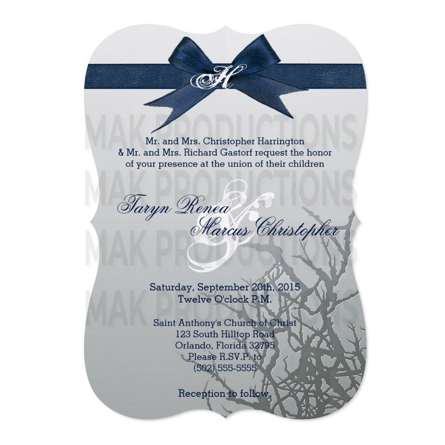 5x7 PRINTED Wedding Invitation - White, Gray, and Black Simple Tree Branch Bow