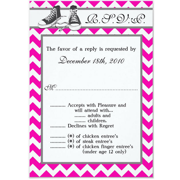 3.5x5 Vertical PRINTED Wedding R.S.V.P. Card - Neon Pink and White Sneakers Converse Shoes Fashion
