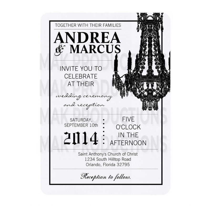 5x7 PRINTED Wedding Invitation -  White and Black Simple Elegant Chandelier