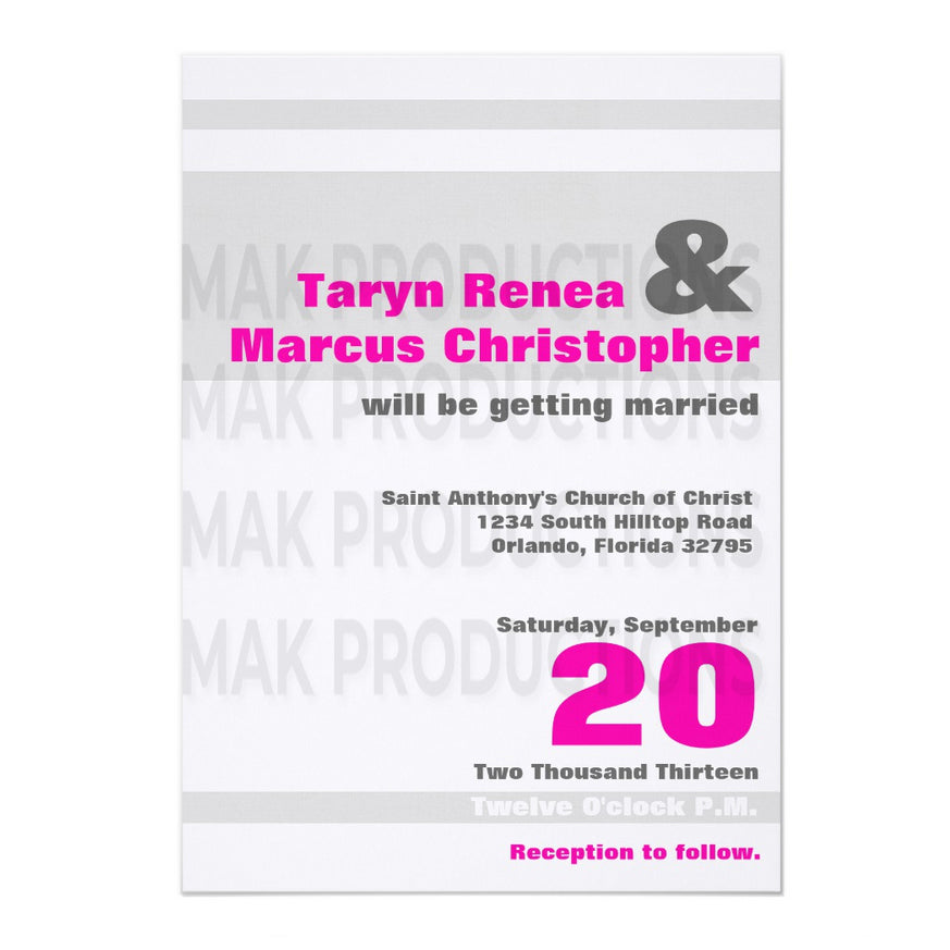 5x7 PRINTED Wedding Invitation - Light Gray, White, and Pink Simple Stripe Pattern