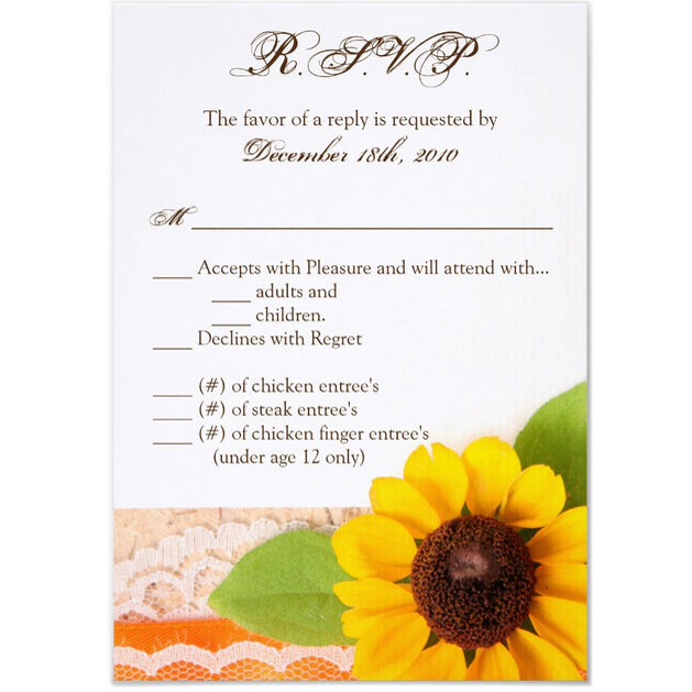 3.5x5 Vertical PRINTED Wedding R.S.V.P. Card - Orange and White Lower Banner Floral Sun Flower