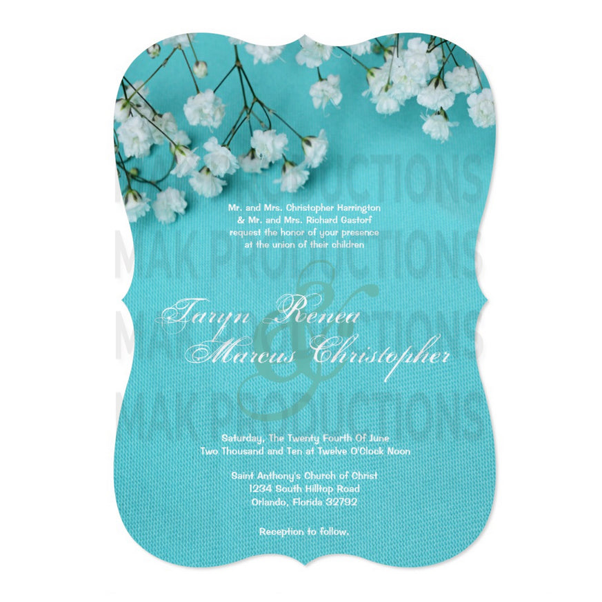 5x7 PRINTED Wedding Invitation - Blue and White Simple Floral Flowers