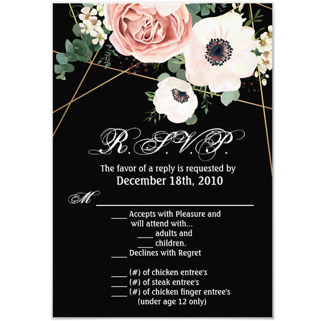 3.5x5 Vertical PRINTED Wedding R.S.V.P. Card - Black Geometric Floral Flower Rose