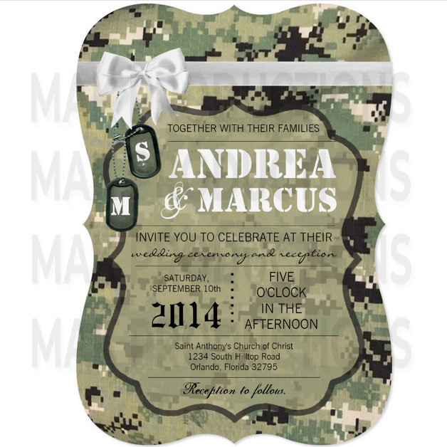 5x7 PRINTED Wedding Invitation - Green Camo and White Simple Elegant Pattern Bow