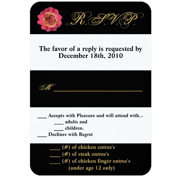 3.5x5 Vertical PRINTED Wedding R.S.V.P. Card - Black and White Stripe Pattern Pink Floral Flower