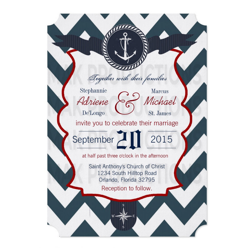 5x7 PRINTED Wedding Invitation - Black and White Zig Zag Pattern Banner Ship Anchor Red Elegant Border