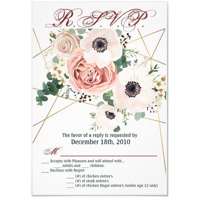 3.5x5 Vertical PRINTED Wedding R.S.V.P. Card - White Geometric Floral Flower Rose