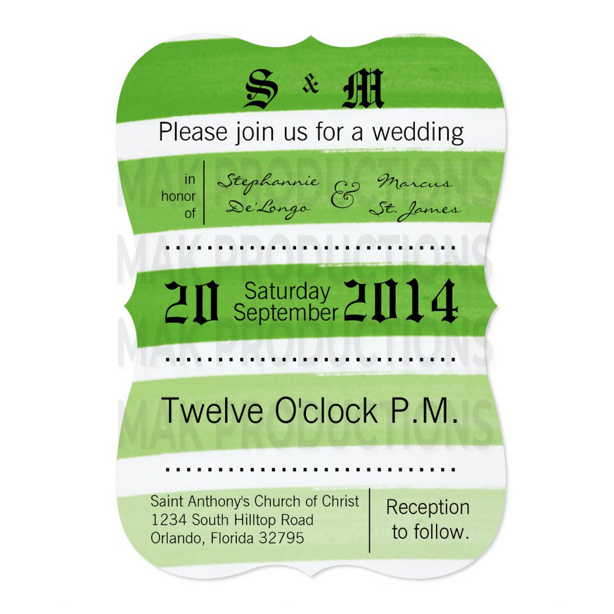 5x7 PRINTED Wedding Invitation - Green Ombre Stripe Pattern