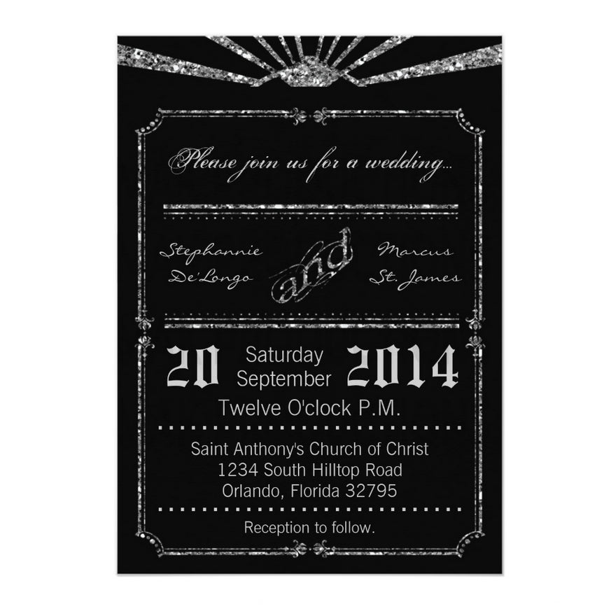 5x7 PRINTED Wedding Invitation - Black and Silver Simple Elegant Geometric Minimalist Glitter