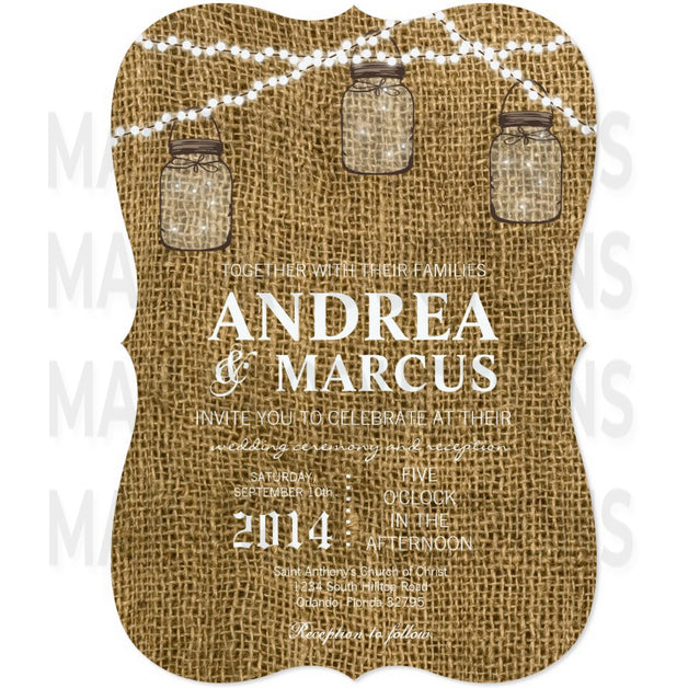 5x7 PRINTED Wedding Invitation - Tan Burlap Potato Sack Fancy Traditional Rustic Mason Jar String Lights