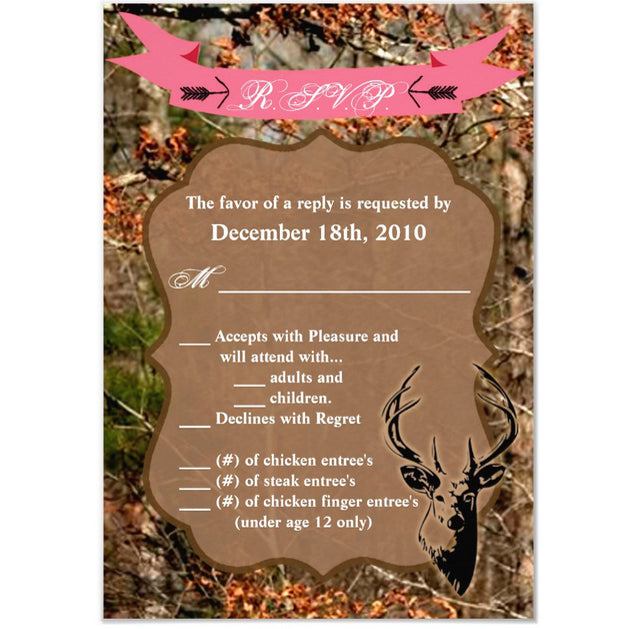 3.5x5 Vertical PRINTED Wedding R.S.V.P. Card - Camo Deer Hunting Buck Pink Banner Ribbon