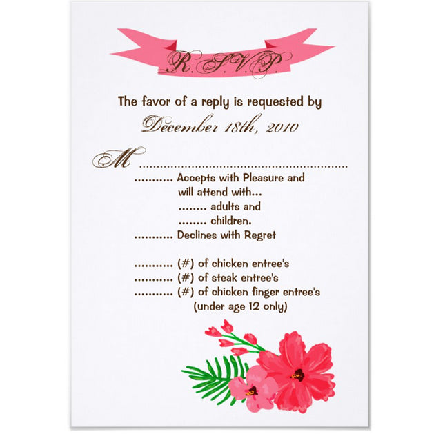 3.5x5 Vertical PRINTED Wedding R.S.V.P. Card - Pink and White Poppy Hibiscus Banner