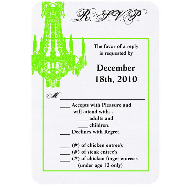 3.5x5 Vertical PRINTED Wedding R.S.V.P. Card - White and Neon Green Fancy Chandelier Graphic