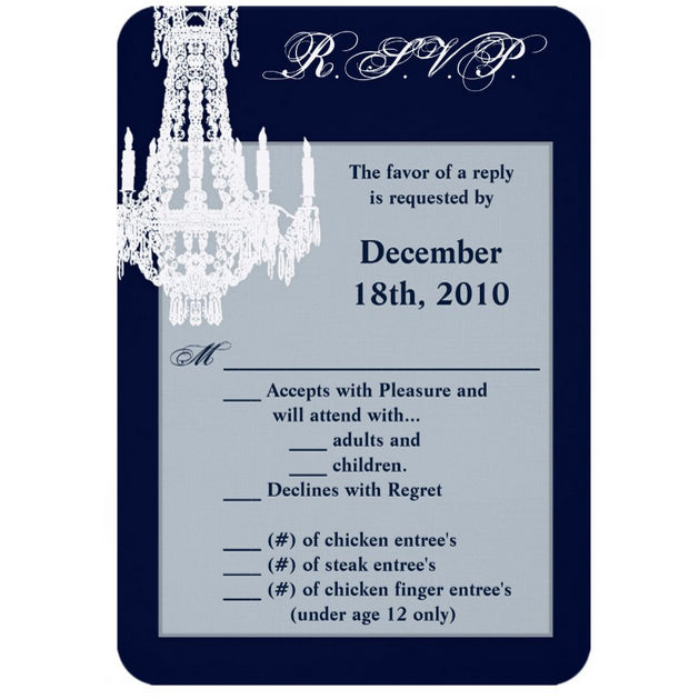 3.5x5 Vertical PRINTED Wedding R.S.V.P. Card - Navy Blue and White Fancy Chandelier Graphic