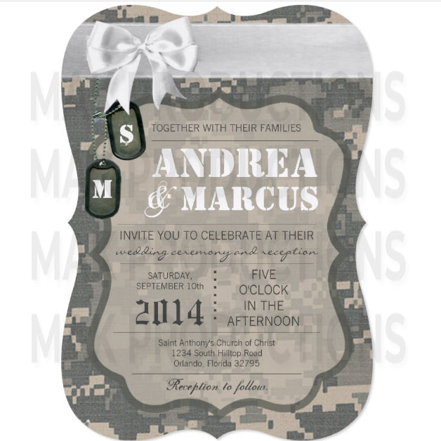 5x7 PRINTED Wedding Invitation - Gray Camo and White Simple Elegant Pattern Bow