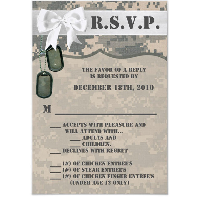 3.5x5 Vertical PRINTED Wedding R.S.V.P. Card - Camo Army Silver Dog Tag White Bow Ribbon