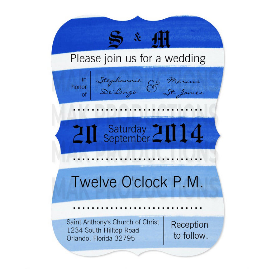 5x7 PRINTED Wedding Invitation - Blue Ombre Stripe Pattern