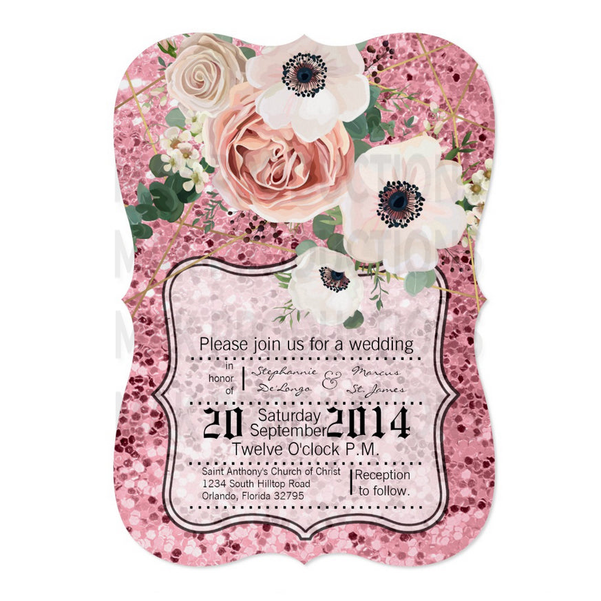 5x7 PRINTED Wedding Invitation - Pink and White Elegant Sparkly Roses Floral Flowers