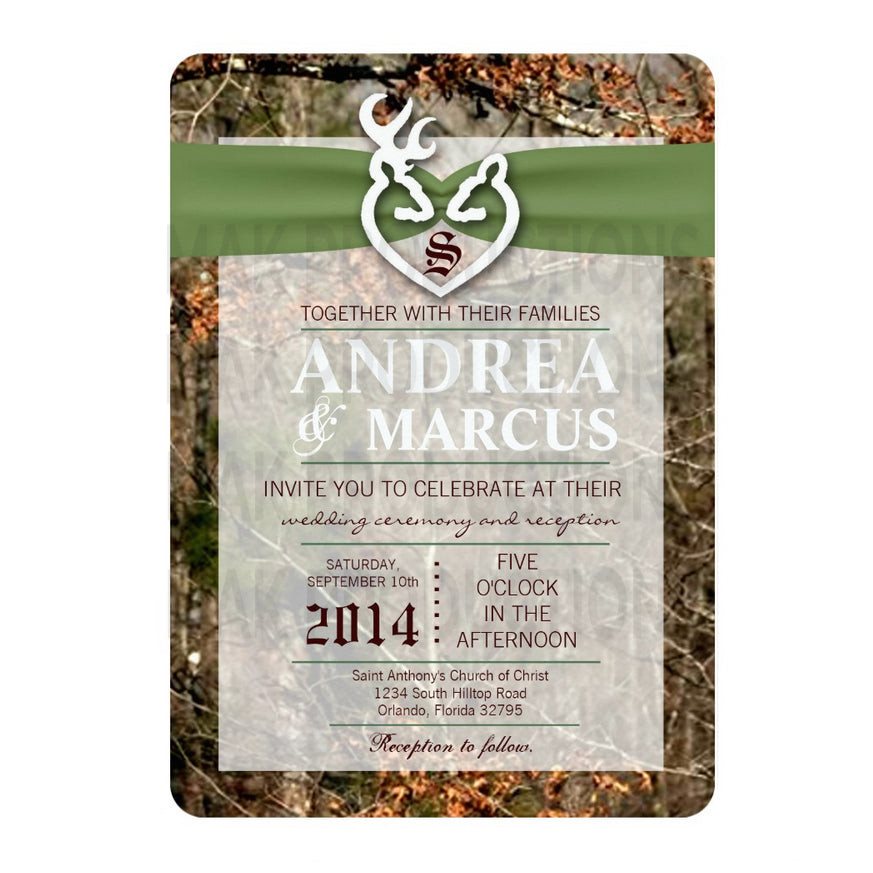 5x7 PRINTED Wedding Invitation - Green Woods Forest Camo Couples Deer Heart