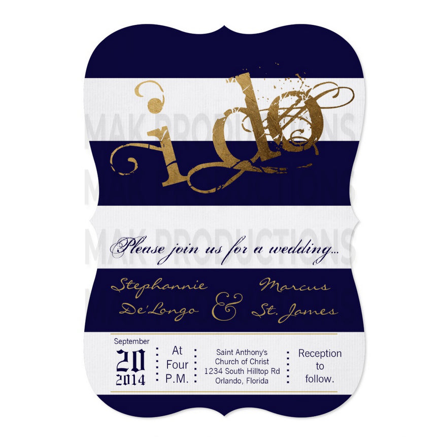 5x7 PRINTED Wedding Invitation - Navy Blue and White Simple Stripe Pattern Gold I Do