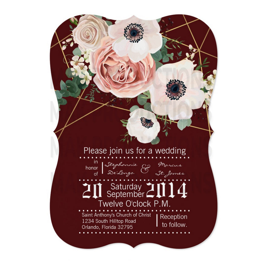 5x7 PRINTED Wedding Invitation - Dark Red, Pink, and White Simple Geometric Rose