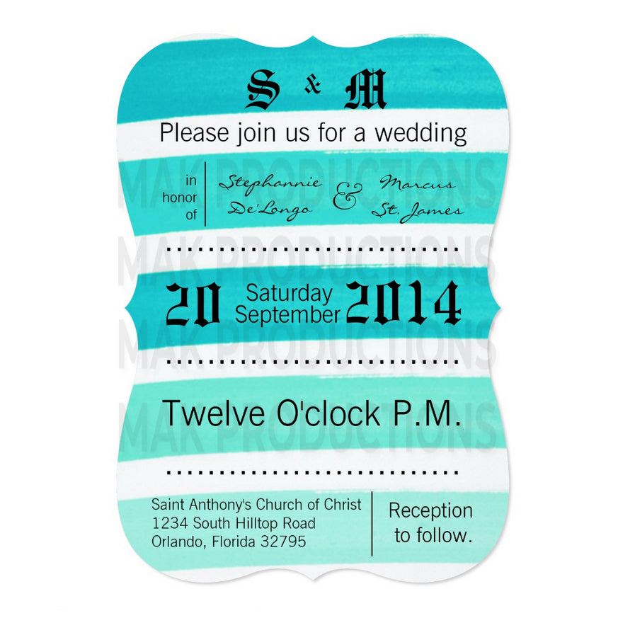 5x7 PRINTED Wedding Invitation - Teal Ombre Stripe Pattern