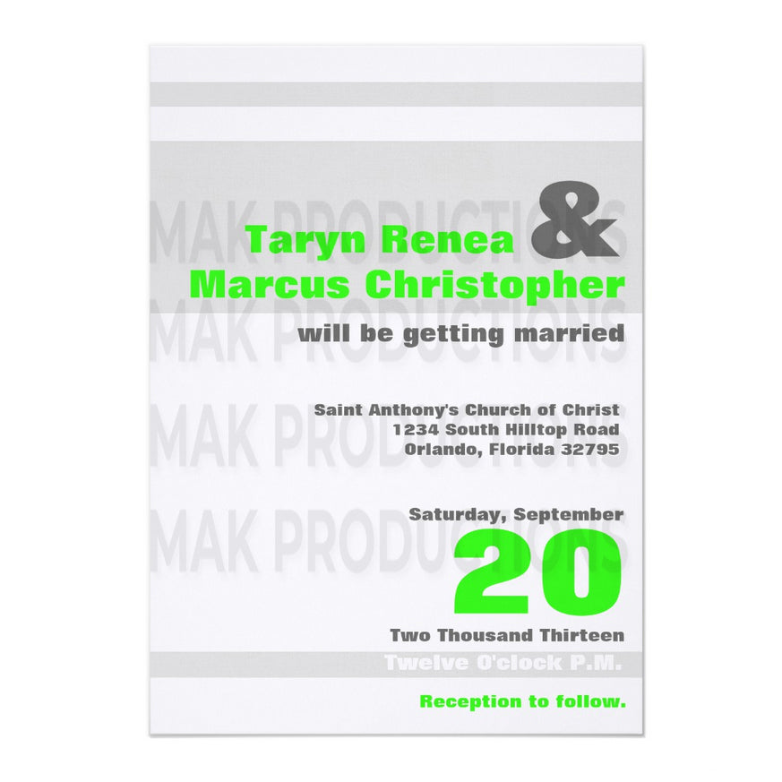 5x7 PRINTED Wedding Invitation - Light Gray, White, and Green Simple Stripe Pattern