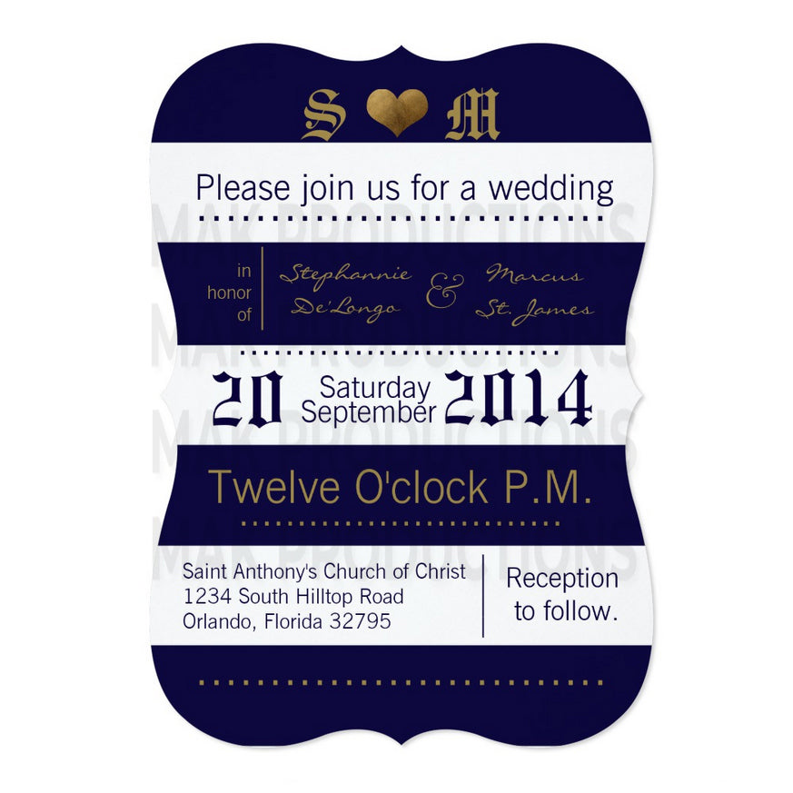5x7 PRINTED Wedding Invitation - Navy Blue and White Simple Stripe Pattern Gold Initials