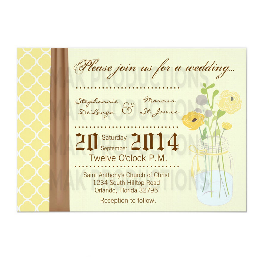 7x5 PRINTED Wedding Invitation -  Yellow and Brown Simple Pokadot Floral Flowers