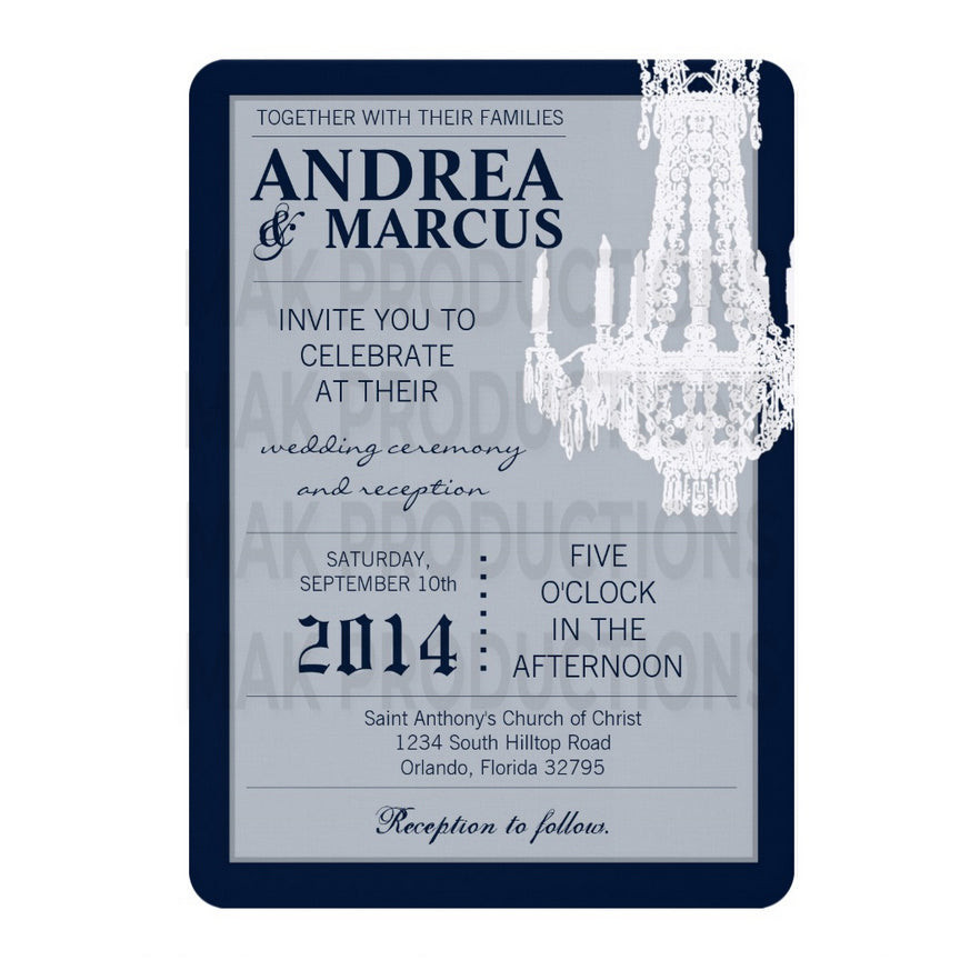 5x7 PRINTED Wedding Invitation - Blue and White Simple Elegant Chandelier