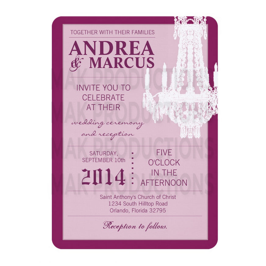 5x7 PRINTED Wedding Invitation - Pink and White Simple Elegant Chandelier