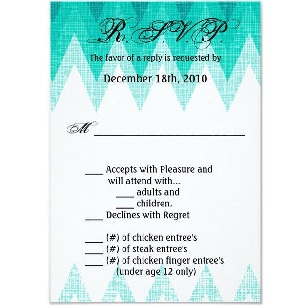 3.5x5 Vertical PRINTED Wedding R.S.V.P. Card - Teal Zig Zag Stripe Banner Hanging