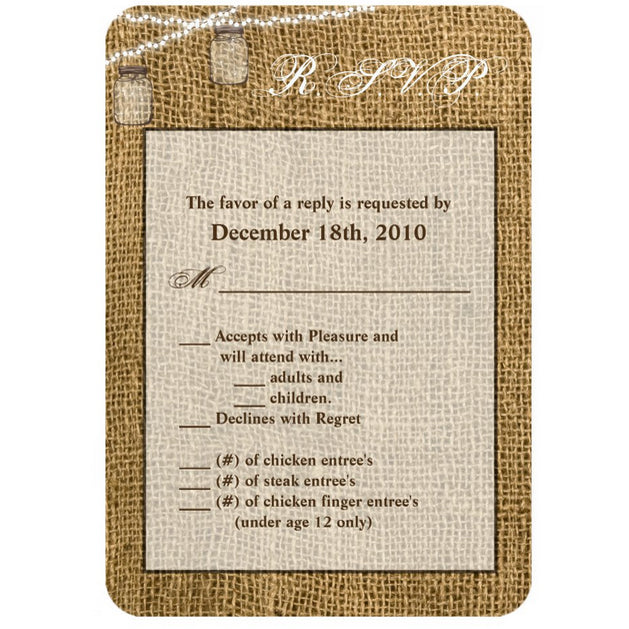 3.5x5 Vertical PRINTED Wedding R.S.V.P. Card - Tan Burlap Potato Sack Country Mason Jar