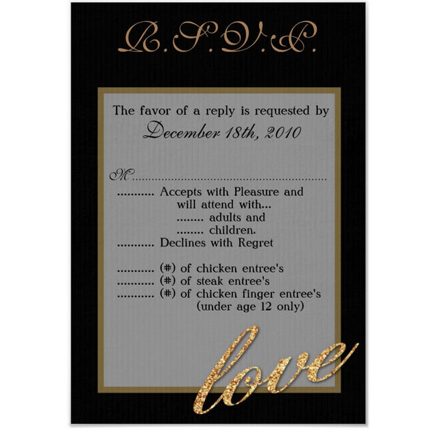 3.5x5 Vertical PRINTED Wedding R.S.V.P. Card - Black and Gold Cursive Word Love