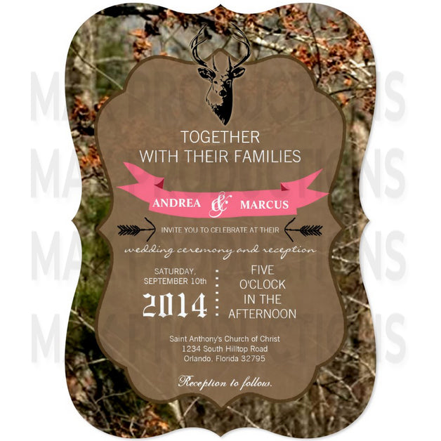 5x7 PRINTED Wedding Invitation - Pink and Camo Deer Hunting