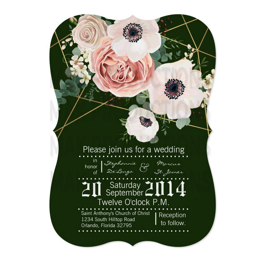 5x7 PRINTED Wedding Invitation - Dark Green, Pink, and White Simple Geometric Rose