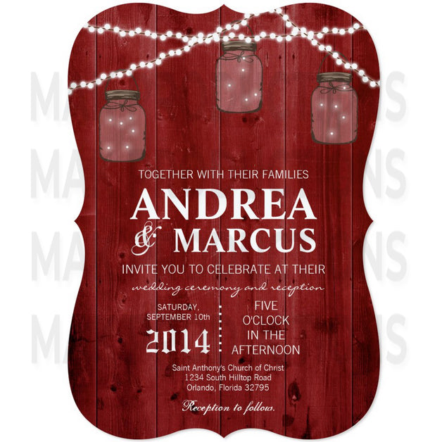 5x7 PRINTED Wedding Invitation - Red Fancy Traditional Rustic Mason Jar String Lights