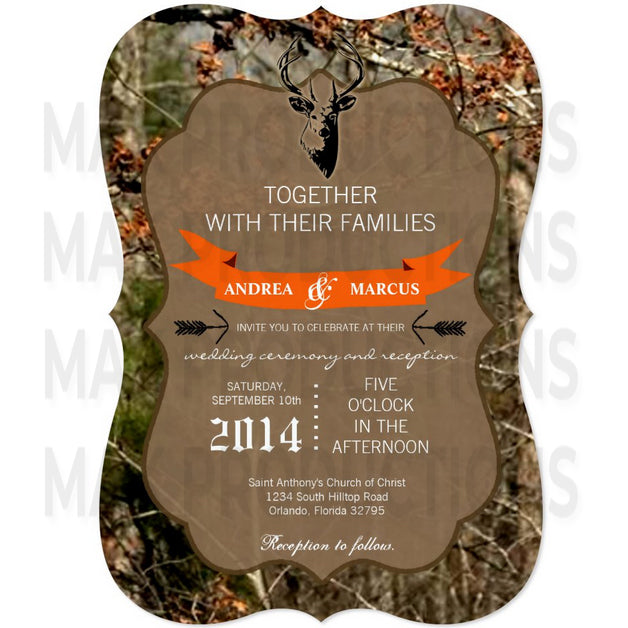 5x7 PRINTED Wedding Invitation - Orange and Camo Deer Hunting