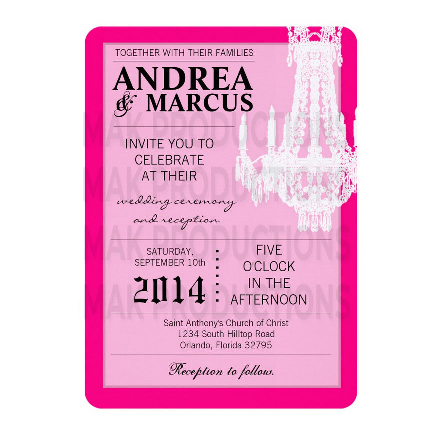 5x7 PRINTED Wedding Invitation -  Neon Pink and White Simple Elegant Chandelier