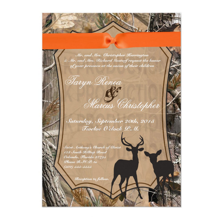 5x7 PRINTED Wedding Invitation - Camo and Orange Banner Deer Leaves Hunting