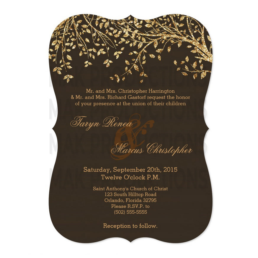 5x7 PRINTED Wedding Invitation - Brown and Yellow Tree Leaves Plants