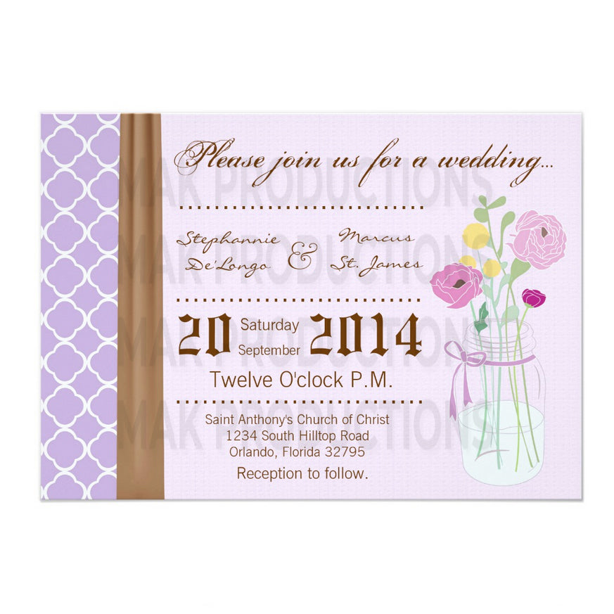 7x5 PRINTED Wedding Invitation -  Pink and Brown Simple Pokadot Floral Flowers
