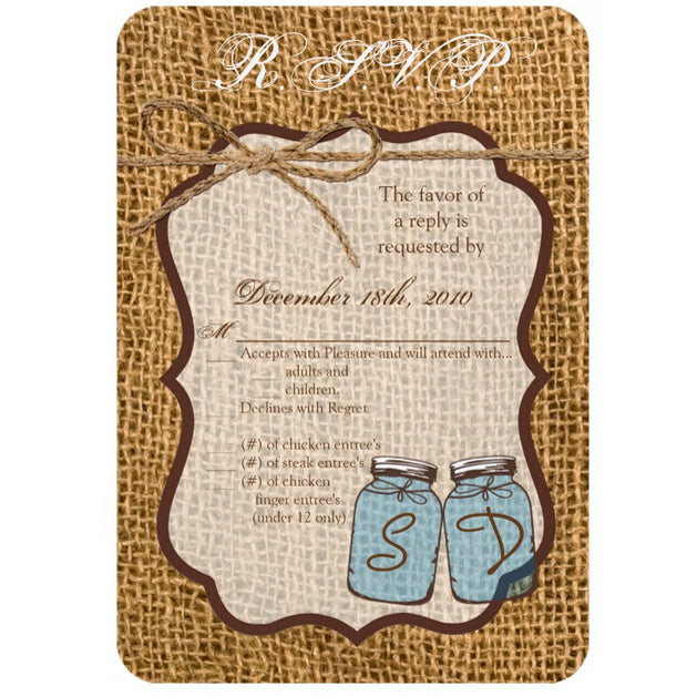 3.5x5 Vertical PRINTED Wedding R.S.V.P. Card - Tan Burlap Potato Sack Country Dual Mason Jars