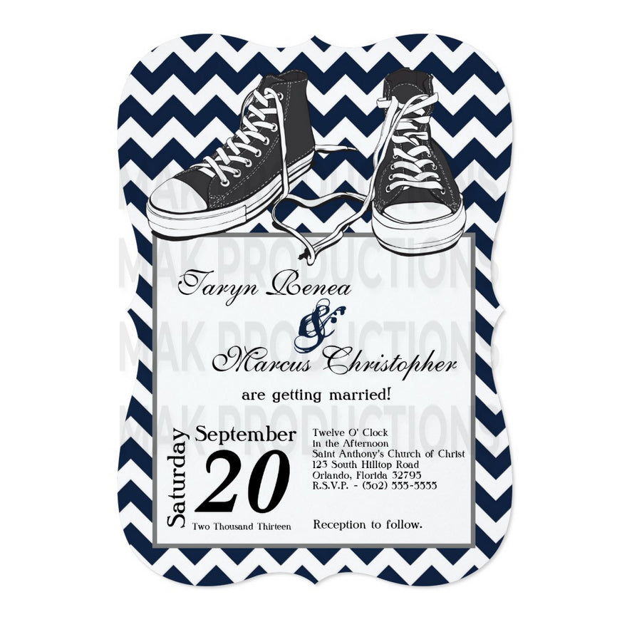 5x7 PRINTED Wedding Invitation - Black and White Zig Zag Shoe Converse Graphic