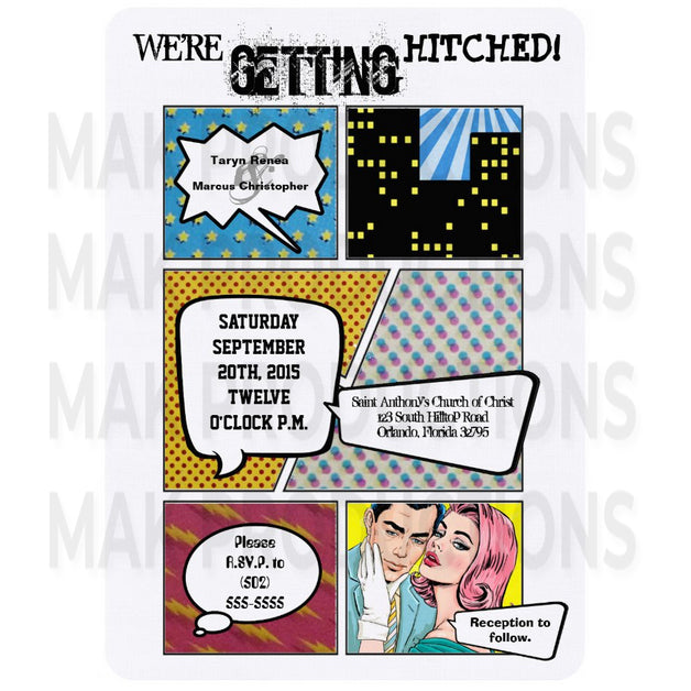 5x7 PRINTED Wedding Invitation - Bright Colorful Couple Comic Book