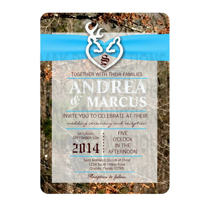 5x7 PRINTED Wedding Invitation - Blue and Camo Couple Deer Heart