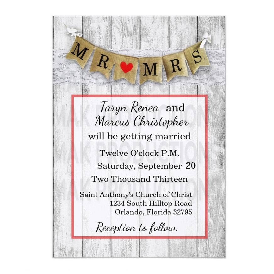 5x7 PRINTED Wedding Invitation - Gold and White Simple Minimalist Wood Mr. and Mrs. Couples Banner
