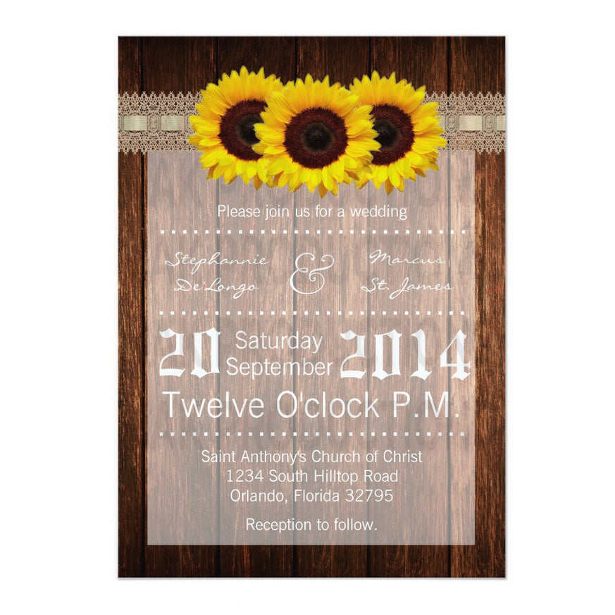 5x7 PRINTED Wedding Invitation - Brown and Yellow Floral Sun Flower Wood Country