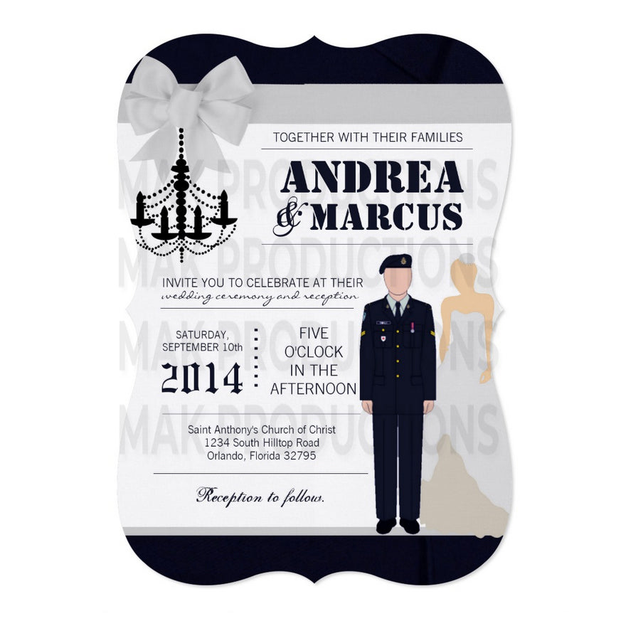 5x7 PRINTED Wedding Invitation - Black and White Armed Forces Couple Wedding Chandelier