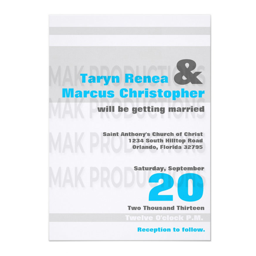 5x7 PRINTED Wedding Invitation - Light Gray, White, and Blue Simple Stripe Pattern